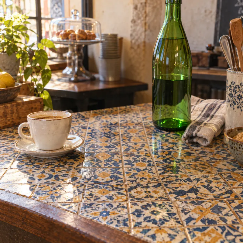 Patterned cafe counter before and after removing a metal kettle and its cable, with the cup, bottle and cloth retained.