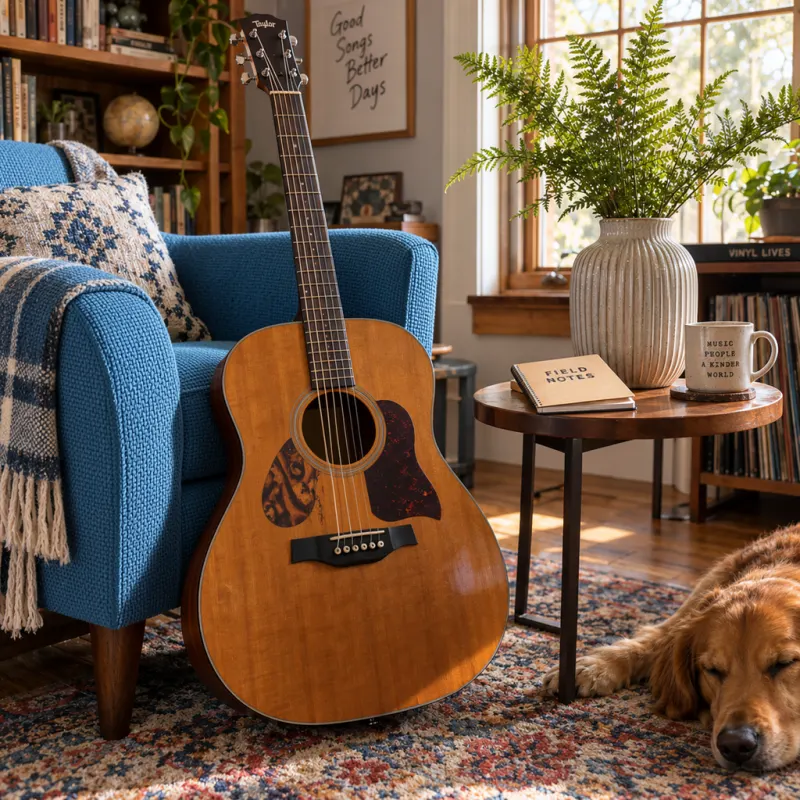 Guitar and reading corner with three stickers removed; the chair fabric and guitar decoration also change in the result.