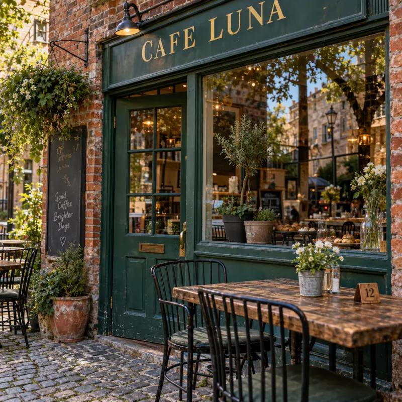 Cafe storefront with WEEKEND MARKET lettering removed while the CAFE LUNA sign and table number remain.