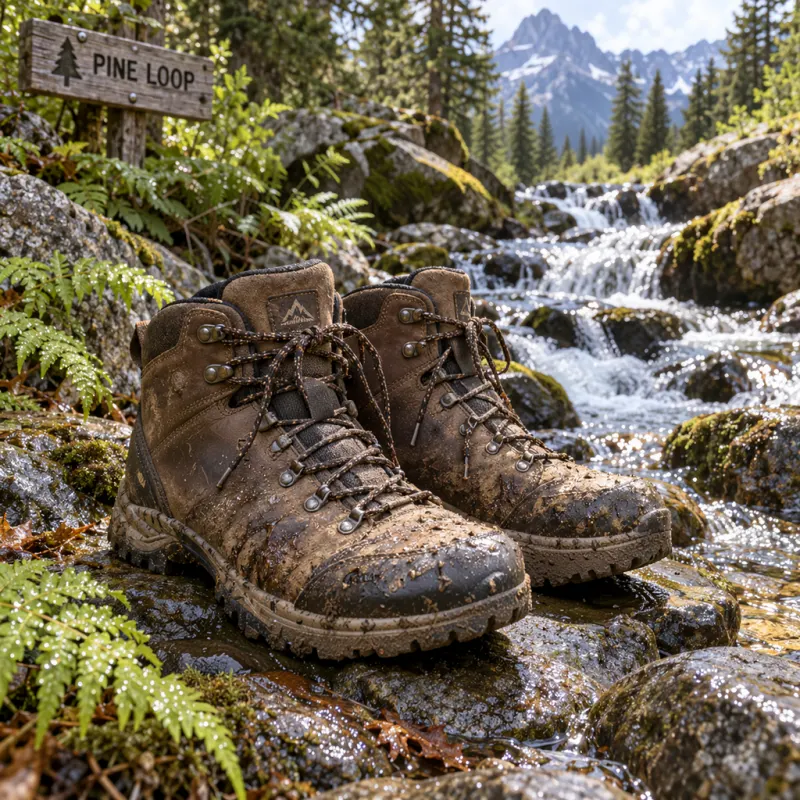 Hiking boots beside a stream before and after removing three SAMPLE 2026 watermarks, with the trail sign retained.