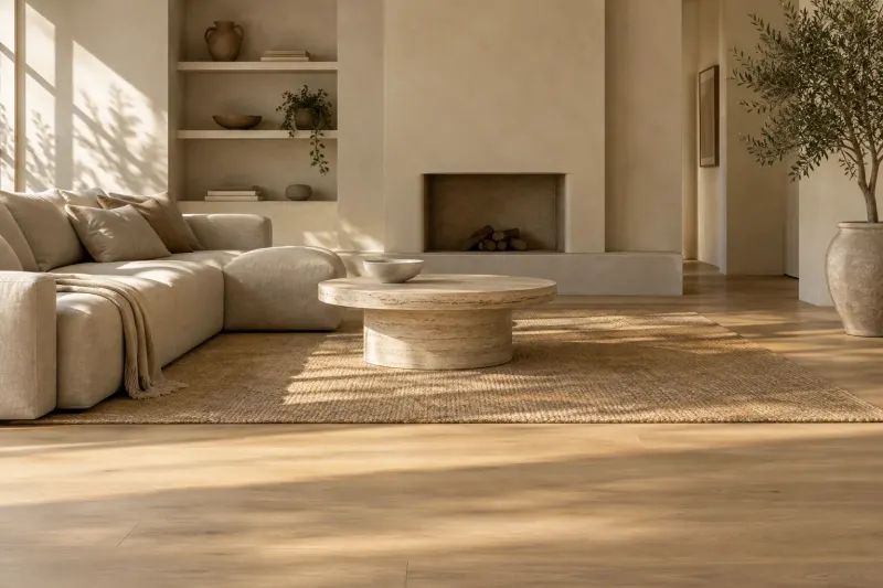 Sunlit living room, shown with and without a blue bag and loose cable.