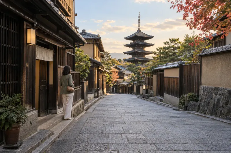 Kyoto street portrait, showing two passersby removed while the traveler remains.
