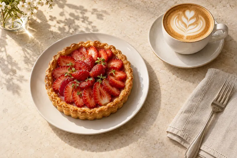 Strawberry tart and coffee, shown with and without decorative heart and sparkle stickers.