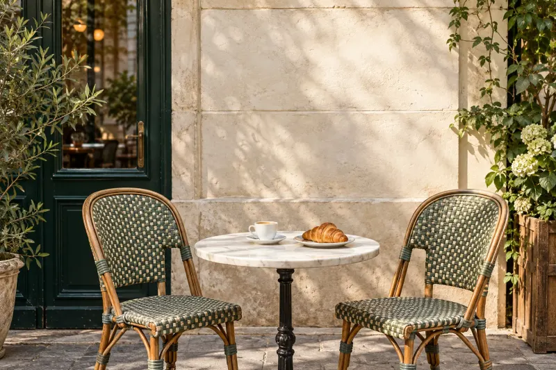 Parisian café photograph with a caption removed from the stone wall.