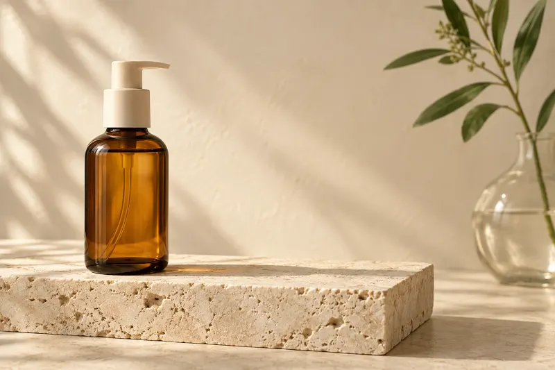 Amber skincare bottle photograph with self-added preview lettering removed.