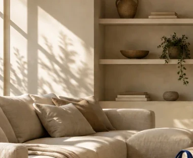 Original: Living room before and after AI shadow editing, with softer window and plant shadows on the wall
