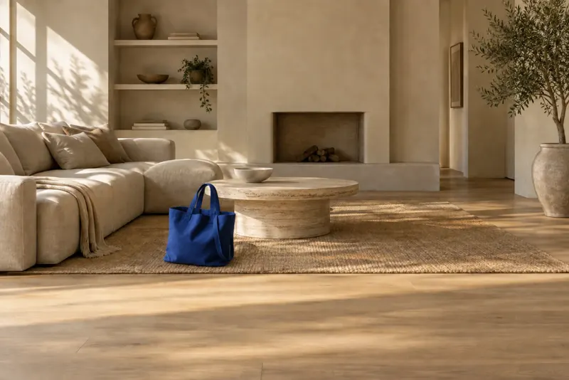 Actual Standard result removing a loose cable from a living-room practice image while keeping the blue bag.